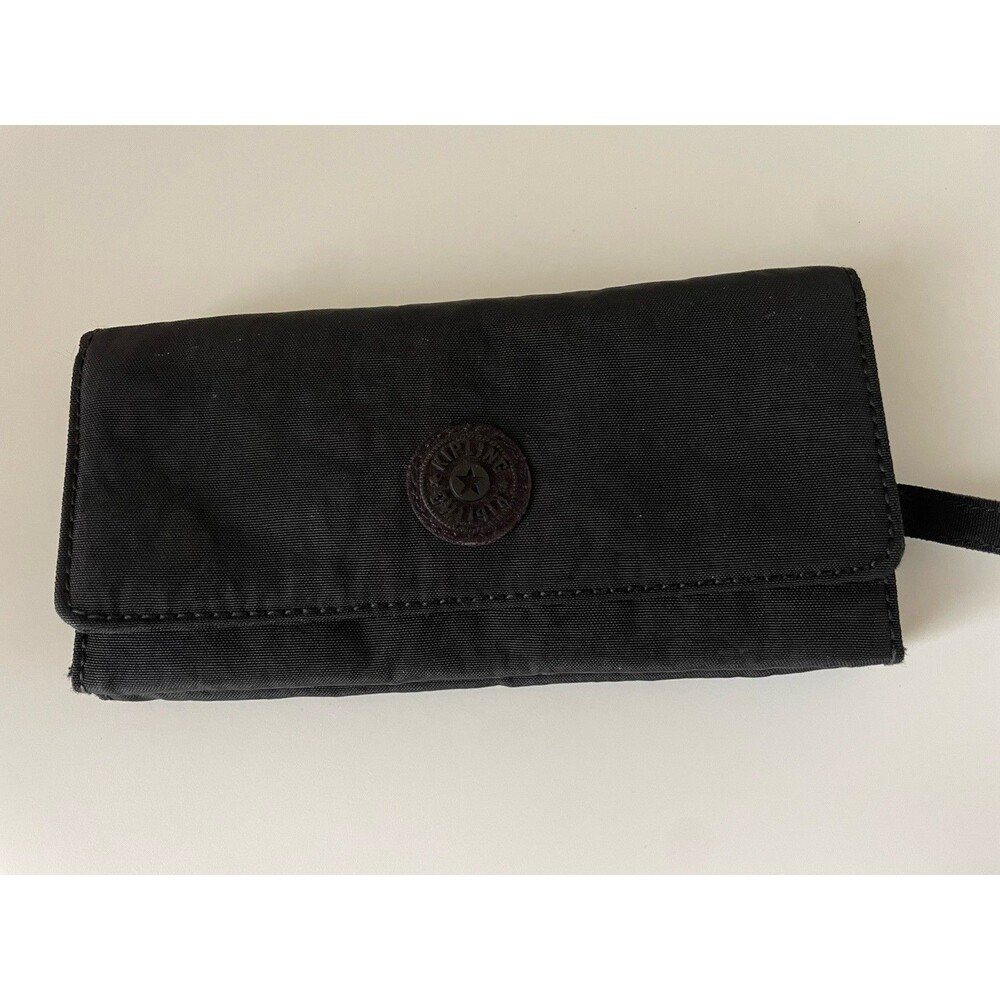 Kipling Crinkle Black Nylon Wallet Trifold Organizer Card Holder Zip Pocket EUC